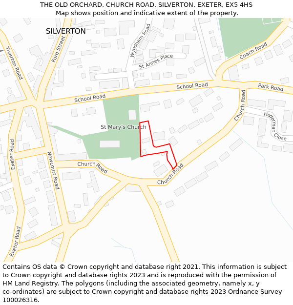 THE OLD ORCHARD, CHURCH ROAD, SILVERTON, EXETER, EX5 4HS: Location map and indicative extent of plot