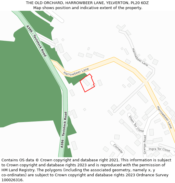 THE OLD ORCHARD, HARROWBEER LANE, YELVERTON, PL20 6DZ: Location map and indicative extent of plot