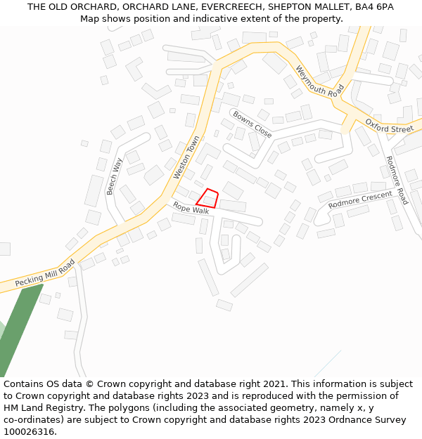 THE OLD ORCHARD, ORCHARD LANE, EVERCREECH, SHEPTON MALLET, BA4 6PA: Location map and indicative extent of plot