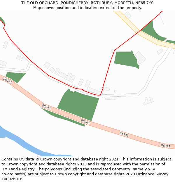 THE OLD ORCHARD, PONDICHERRY, ROTHBURY, MORPETH, NE65 7YS: Location map and indicative extent of plot