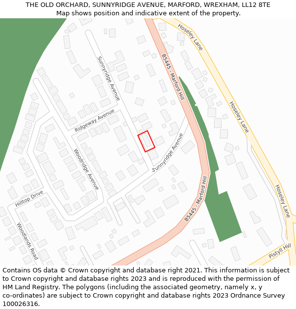 THE OLD ORCHARD, SUNNYRIDGE AVENUE, MARFORD, WREXHAM, LL12 8TE: Location map and indicative extent of plot