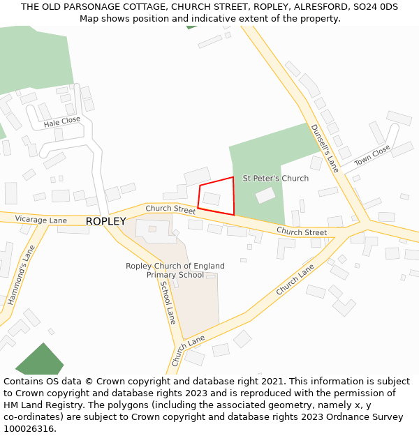 THE OLD PARSONAGE COTTAGE, CHURCH STREET, ROPLEY, ALRESFORD, SO24 0DS: Location map and indicative extent of plot