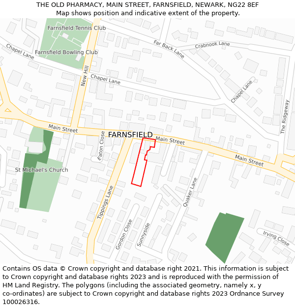 THE OLD PHARMACY, MAIN STREET, FARNSFIELD, NEWARK, NG22 8EF: Location map and indicative extent of plot