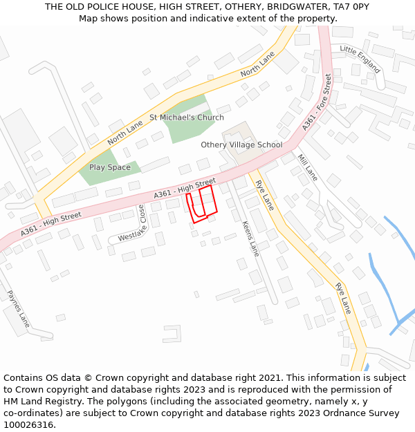 THE OLD POLICE HOUSE, HIGH STREET, OTHERY, BRIDGWATER, TA7 0PY: Location map and indicative extent of plot