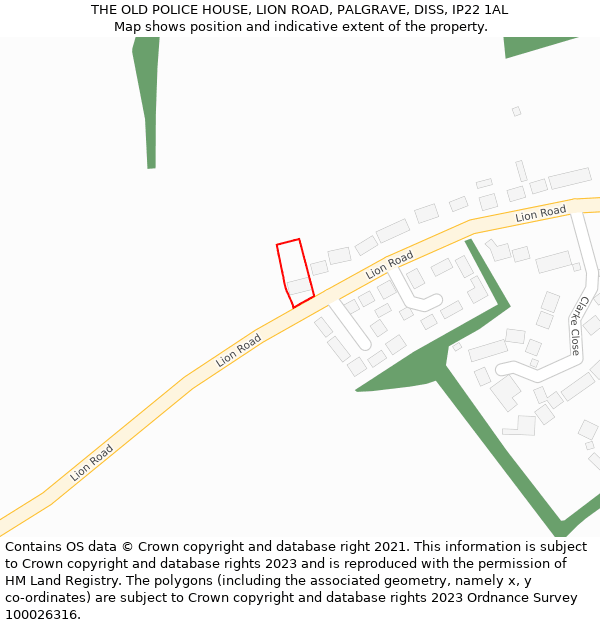 THE OLD POLICE HOUSE, LION ROAD, PALGRAVE, DISS, IP22 1AL: Location map and indicative extent of plot