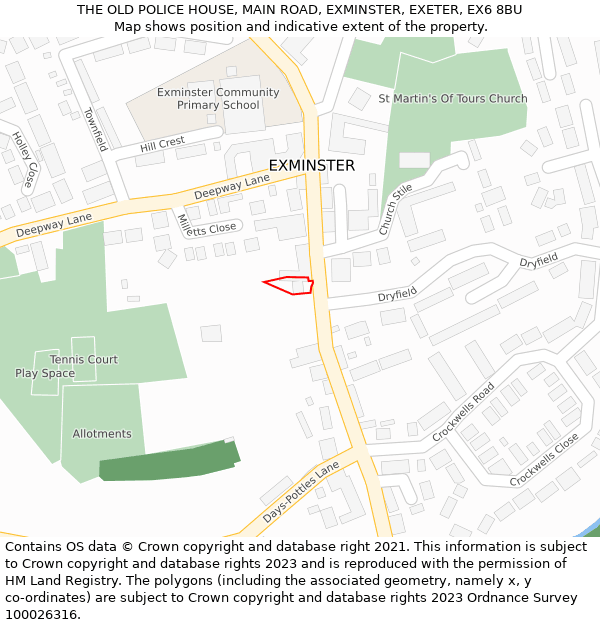 THE OLD POLICE HOUSE, MAIN ROAD, EXMINSTER, EXETER, EX6 8BU: Location map and indicative extent of plot