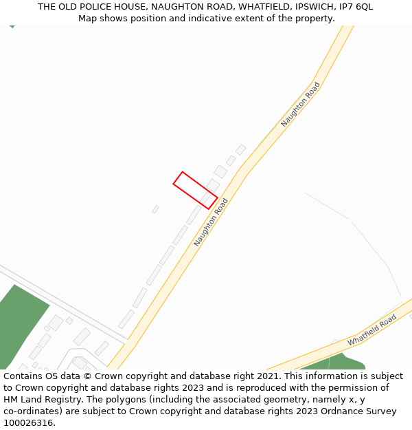 THE OLD POLICE HOUSE, NAUGHTON ROAD, WHATFIELD, IPSWICH, IP7 6QL: Location map and indicative extent of plot