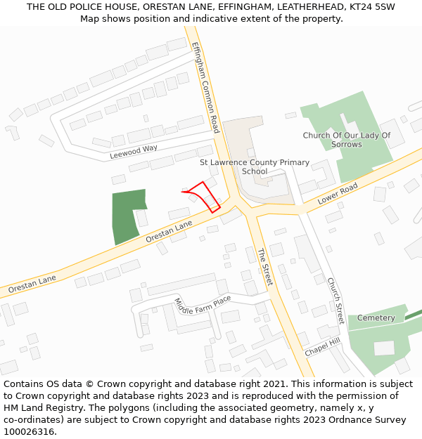 THE OLD POLICE HOUSE, ORESTAN LANE, EFFINGHAM, LEATHERHEAD, KT24 5SW: Location map and indicative extent of plot