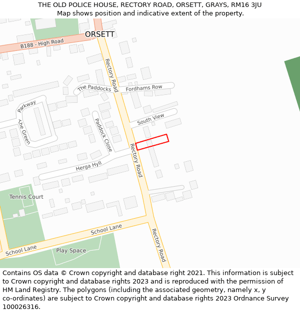 THE OLD POLICE HOUSE, RECTORY ROAD, ORSETT, GRAYS, RM16 3JU: Location map and indicative extent of plot