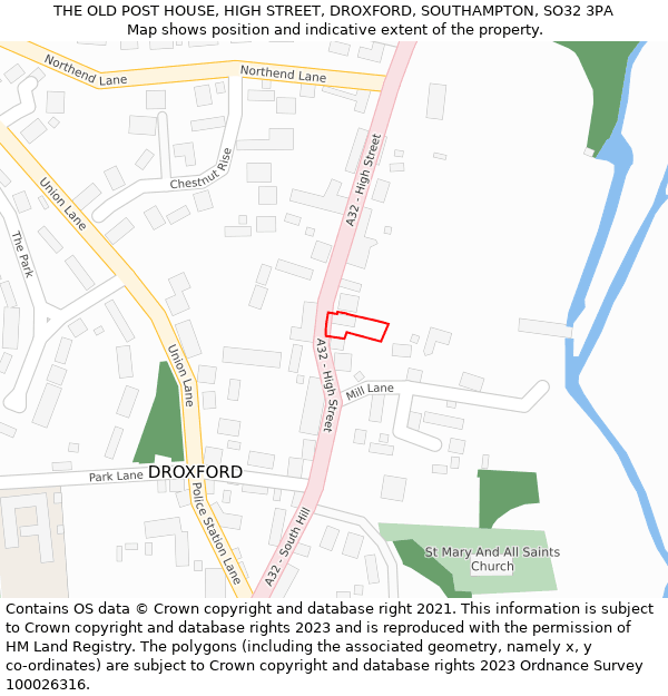 THE OLD POST HOUSE, HIGH STREET, DROXFORD, SOUTHAMPTON, SO32 3PA: Location map and indicative extent of plot