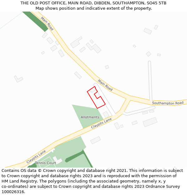 THE OLD POST OFFICE, MAIN ROAD, DIBDEN, SOUTHAMPTON, SO45 5TB: Location map and indicative extent of plot