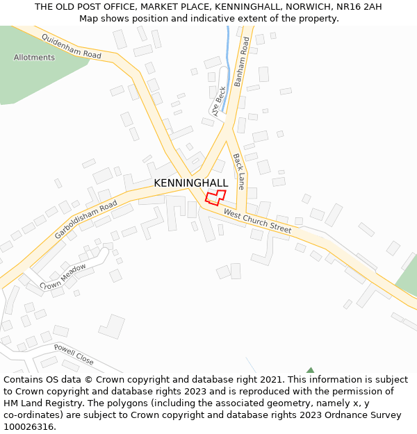 THE OLD POST OFFICE, MARKET PLACE, KENNINGHALL, NORWICH, NR16 2AH: Location map and indicative extent of plot