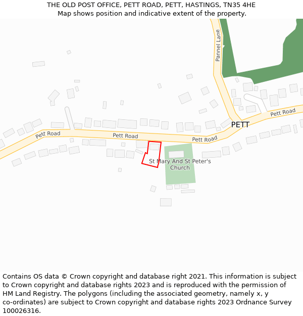 THE OLD POST OFFICE, PETT ROAD, PETT, HASTINGS, TN35 4HE: Location map and indicative extent of plot