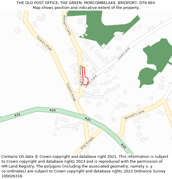 THE OLD POST OFFICE, THE GREEN, MORCOMBELAKE, BRIDPORT, DT6 6EA: Location map and indicative extent of plot