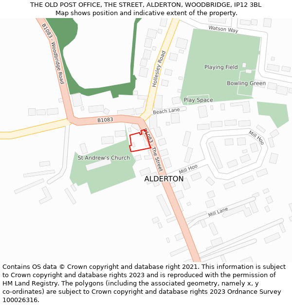 THE OLD POST OFFICE, THE STREET, ALDERTON, WOODBRIDGE, IP12 3BL: Location map and indicative extent of plot