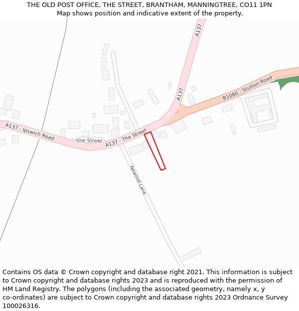 THE OLD POST OFFICE, THE STREET, BRANTHAM, MANNINGTREE, CO11 1PN: Location map and indicative extent of plot