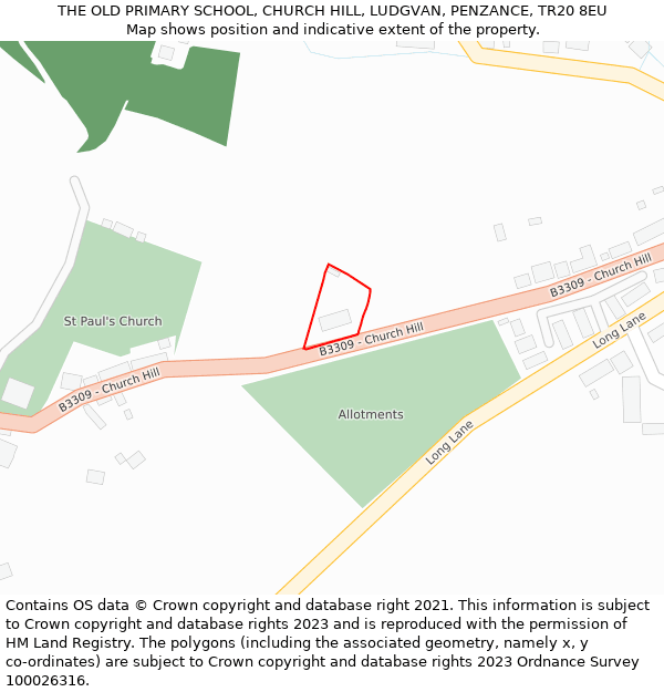THE OLD PRIMARY SCHOOL, CHURCH HILL, LUDGVAN, PENZANCE, TR20 8EU: Location map and indicative extent of plot