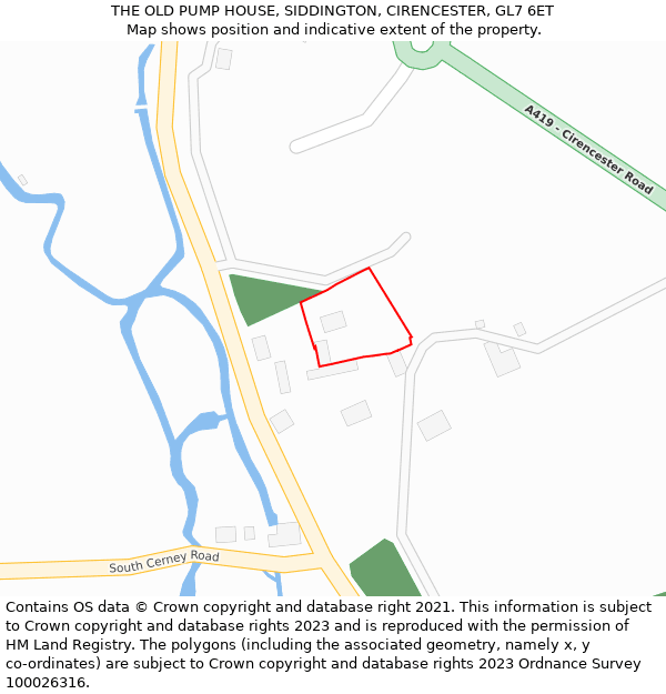 THE OLD PUMP HOUSE, SIDDINGTON, CIRENCESTER, GL7 6ET: Location map and indicative extent of plot