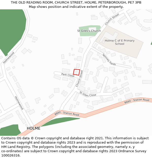 THE OLD READING ROOM, CHURCH STREET, HOLME, PETERBOROUGH, PE7 3PB: Location map and indicative extent of plot