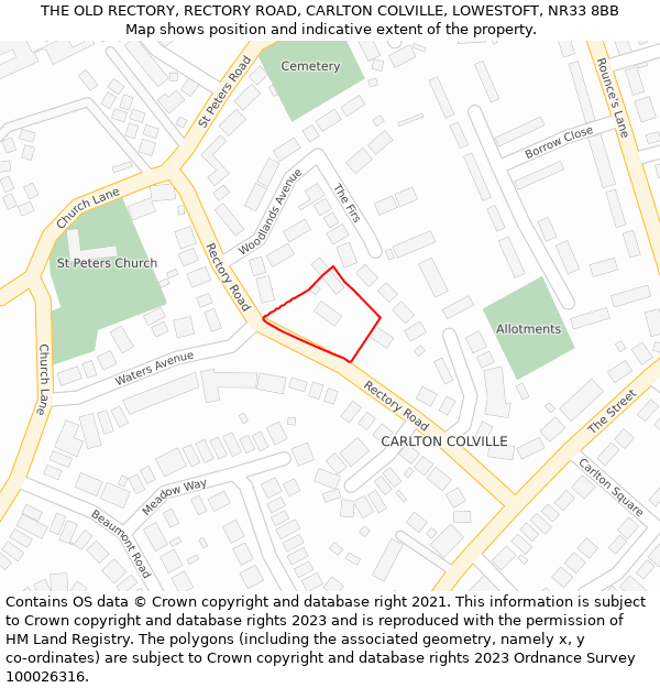 THE OLD RECTORY, RECTORY ROAD, CARLTON COLVILLE, LOWESTOFT, NR33 8BB: Location map and indicative extent of plot