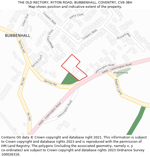 THE OLD RECTORY, RYTON ROAD, BUBBENHALL, COVENTRY, CV8 3BH: Location map and indicative extent of plot