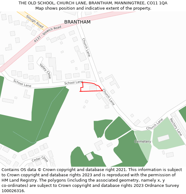 THE OLD SCHOOL, CHURCH LANE, BRANTHAM, MANNINGTREE, CO11 1QA: Location map and indicative extent of plot