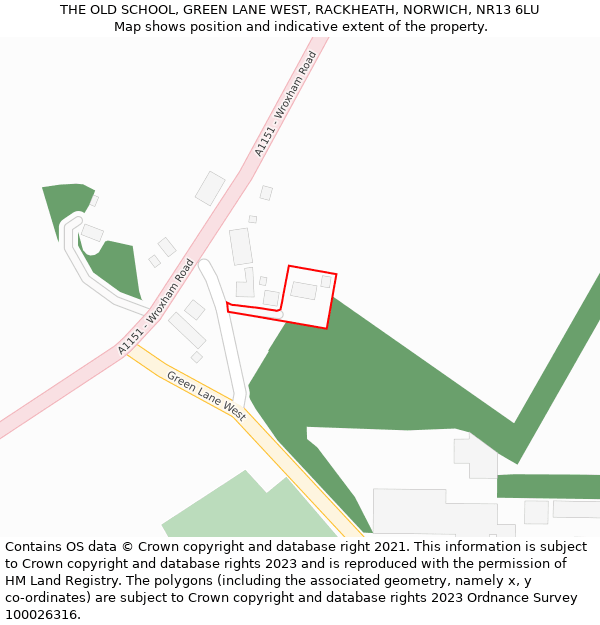 THE OLD SCHOOL, GREEN LANE WEST, RACKHEATH, NORWICH, NR13 6LU: Location map and indicative extent of plot
