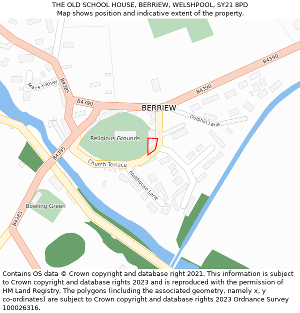 THE OLD SCHOOL HOUSE, BERRIEW, WELSHPOOL, SY21 8PD: Location map and indicative extent of plot