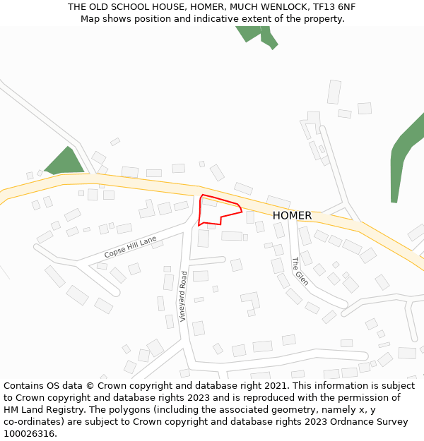 THE OLD SCHOOL HOUSE, HOMER, MUCH WENLOCK, TF13 6NF: Location map and indicative extent of plot