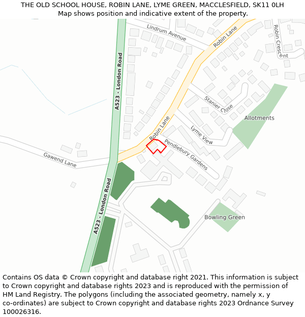 THE OLD SCHOOL HOUSE, ROBIN LANE, LYME GREEN, MACCLESFIELD, SK11 0LH: Location map and indicative extent of plot