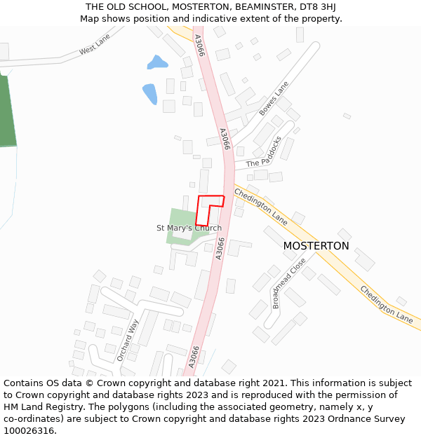 THE OLD SCHOOL, MOSTERTON, BEAMINSTER, DT8 3HJ: Location map and indicative extent of plot