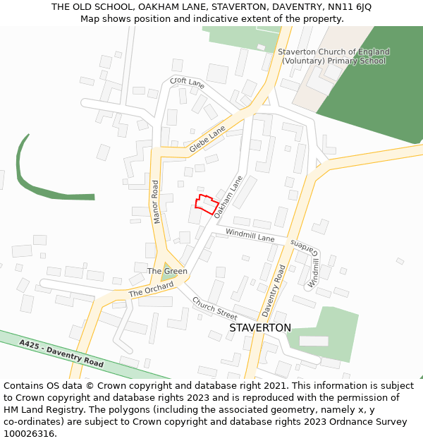 THE OLD SCHOOL, OAKHAM LANE, STAVERTON, DAVENTRY, NN11 6JQ: Location map and indicative extent of plot