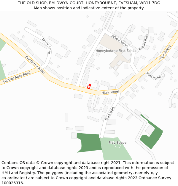 THE OLD SHOP, BALDWYN COURT, HONEYBOURNE, EVESHAM, WR11 7DG: Location map and indicative extent of plot