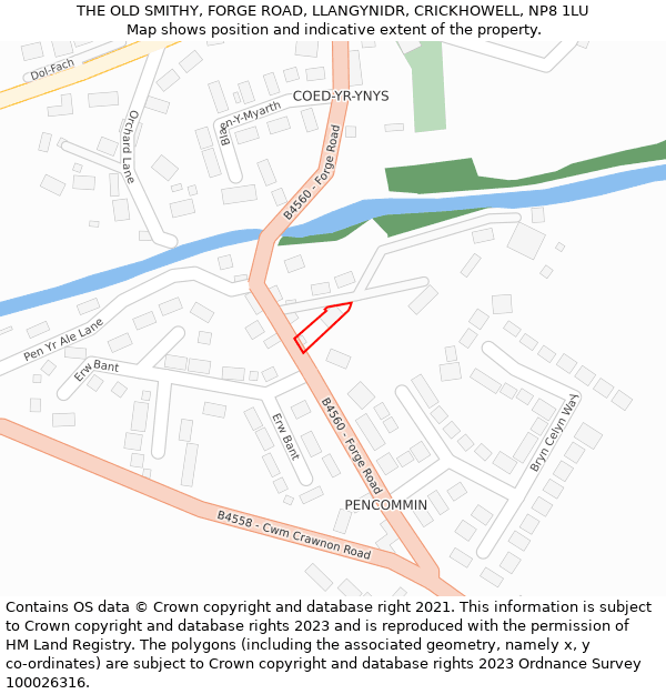 THE OLD SMITHY, FORGE ROAD, LLANGYNIDR, CRICKHOWELL, NP8 1LU: Location map and indicative extent of plot