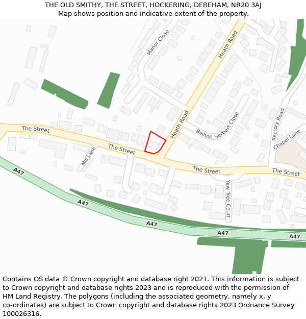 THE OLD SMITHY, THE STREET, HOCKERING, DEREHAM, NR20 3AJ: Location map and indicative extent of plot