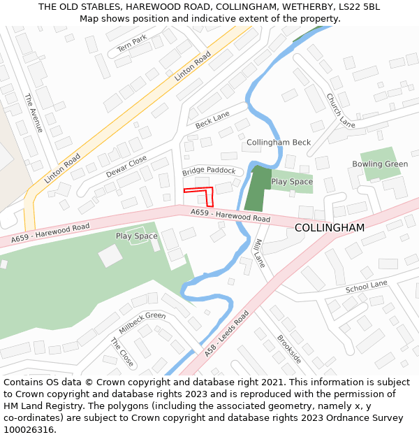 THE OLD STABLES, HAREWOOD ROAD, COLLINGHAM, WETHERBY, LS22 5BL: Location map and indicative extent of plot