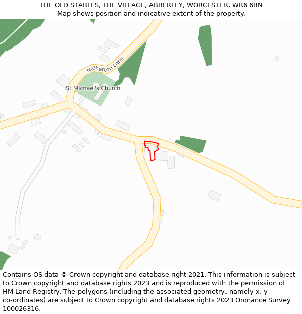 THE OLD STABLES, THE VILLAGE, ABBERLEY, WORCESTER, WR6 6BN: Location map and indicative extent of plot