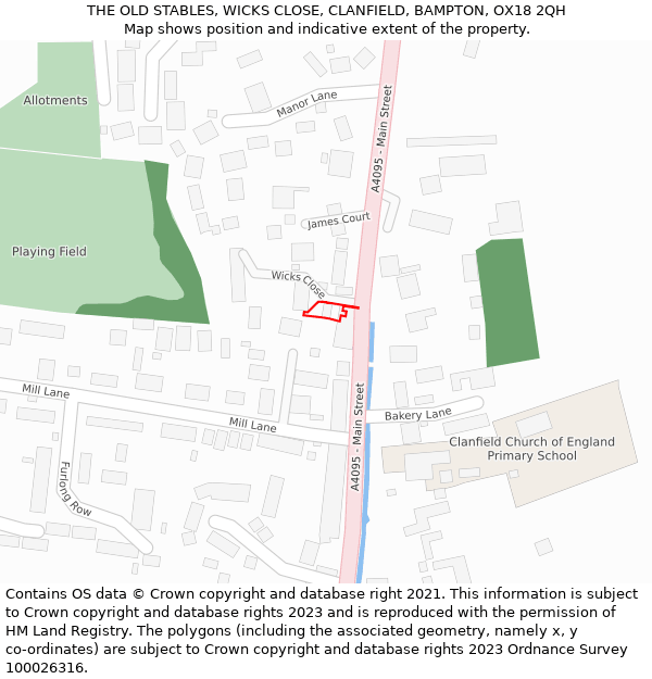 THE OLD STABLES, WICKS CLOSE, CLANFIELD, BAMPTON, OX18 2QH: Location map and indicative extent of plot