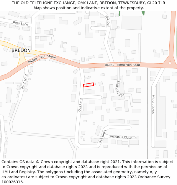 THE OLD TELEPHONE EXCHANGE, OAK LANE, BREDON, TEWKESBURY, GL20 7LR: Location map and indicative extent of plot