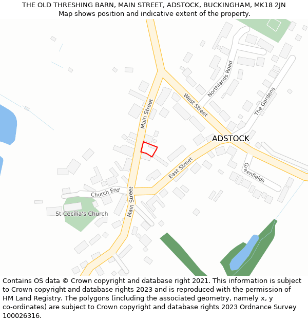 THE OLD THRESHING BARN, MAIN STREET, ADSTOCK, BUCKINGHAM, MK18 2JN: Location map and indicative extent of plot