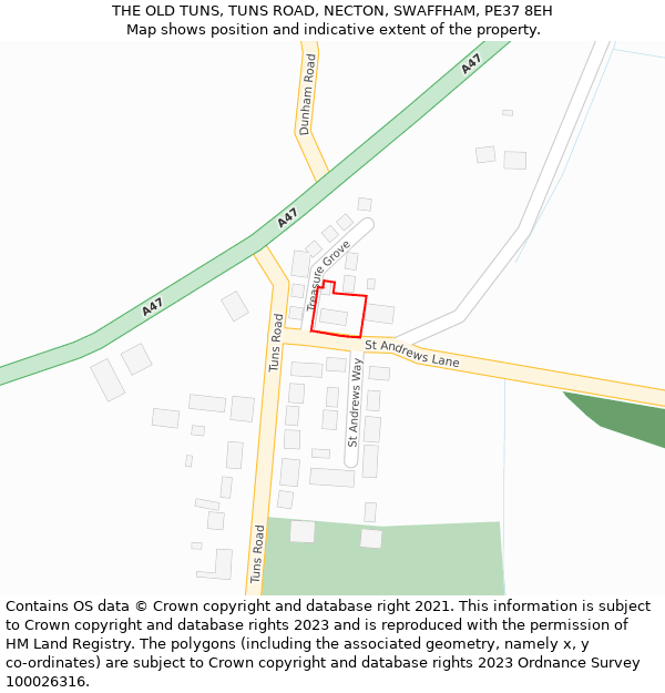 THE OLD TUNS, TUNS ROAD, NECTON, SWAFFHAM, PE37 8EH: Location map and indicative extent of plot