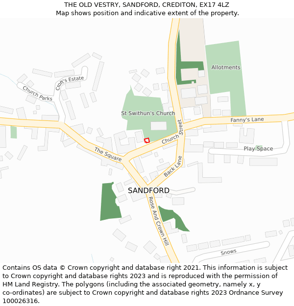 THE OLD VESTRY, SANDFORD, CREDITON, EX17 4LZ: Location map and indicative extent of plot