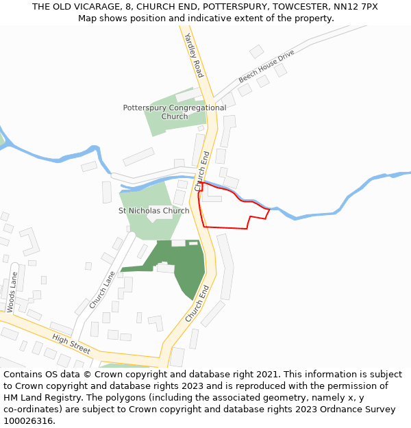 THE OLD VICARAGE, 8, CHURCH END, POTTERSPURY, TOWCESTER, NN12 7PX: Location map and indicative extent of plot