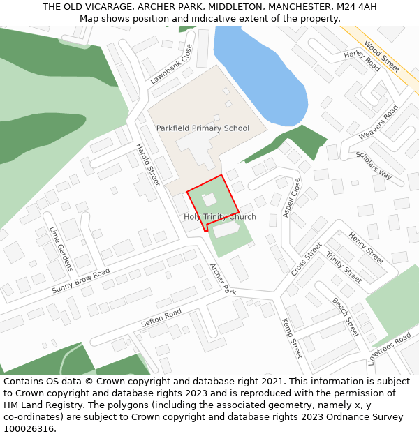 THE OLD VICARAGE, ARCHER PARK, MIDDLETON, MANCHESTER, M24 4AH: Location map and indicative extent of plot