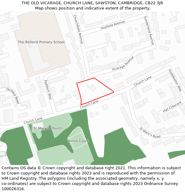 THE OLD VICARAGE, CHURCH LANE, SAWSTON, CAMBRIDGE, CB22 3JR: Location map and indicative extent of plot