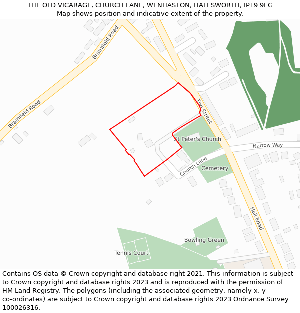 THE OLD VICARAGE, CHURCH LANE, WENHASTON, HALESWORTH, IP19 9EG: Location map and indicative extent of plot