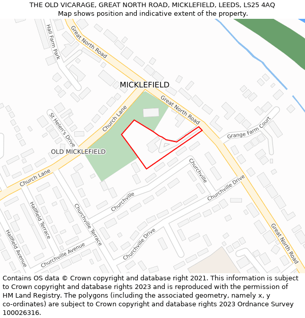 THE OLD VICARAGE, GREAT NORTH ROAD, MICKLEFIELD, LEEDS, LS25 4AQ: Location map and indicative extent of plot
