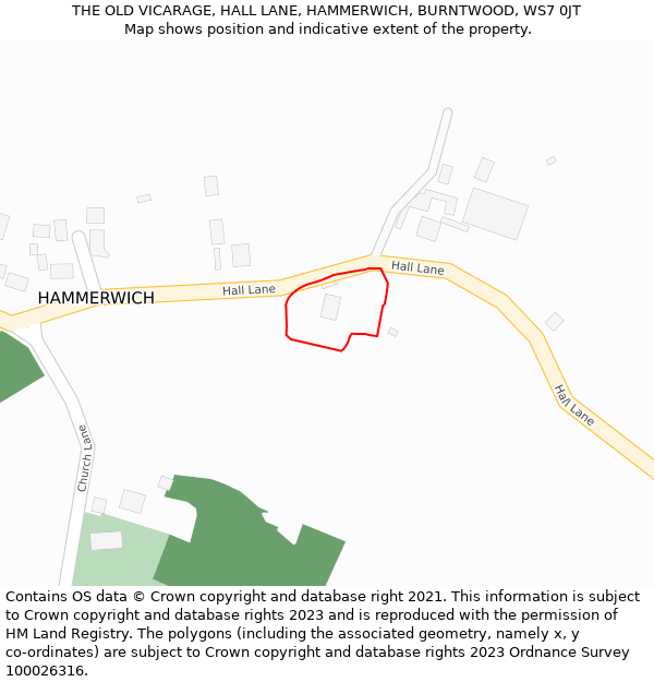 THE OLD VICARAGE, HALL LANE, HAMMERWICH, BURNTWOOD, WS7 0JT: Location map and indicative extent of plot