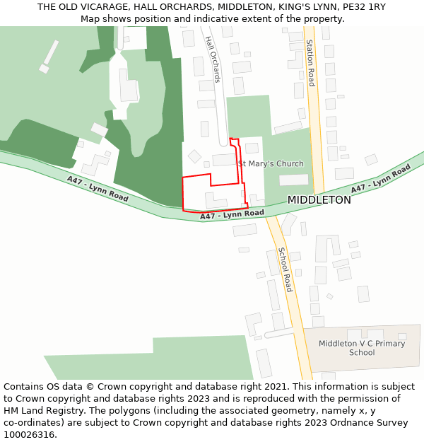 THE OLD VICARAGE, HALL ORCHARDS, MIDDLETON, KING'S LYNN, PE32 1RY: Location map and indicative extent of plot