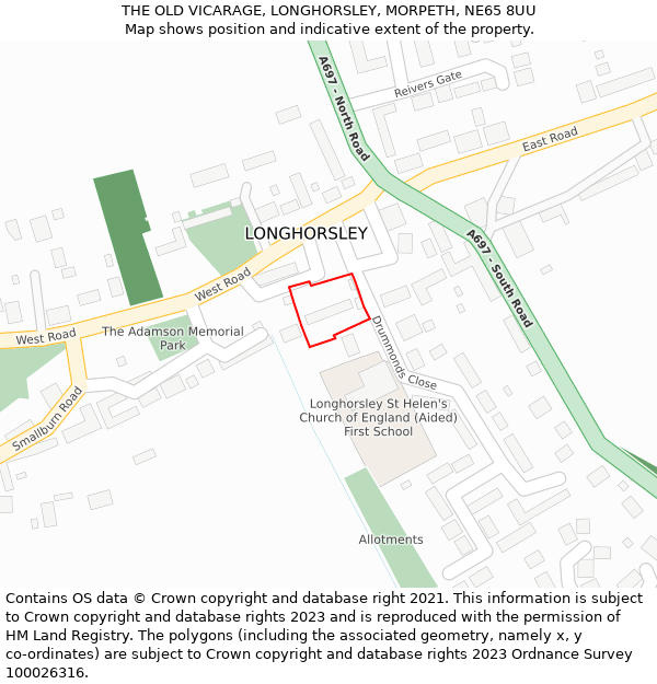 THE OLD VICARAGE, LONGHORSLEY, MORPETH, NE65 8UU: Location map and indicative extent of plot